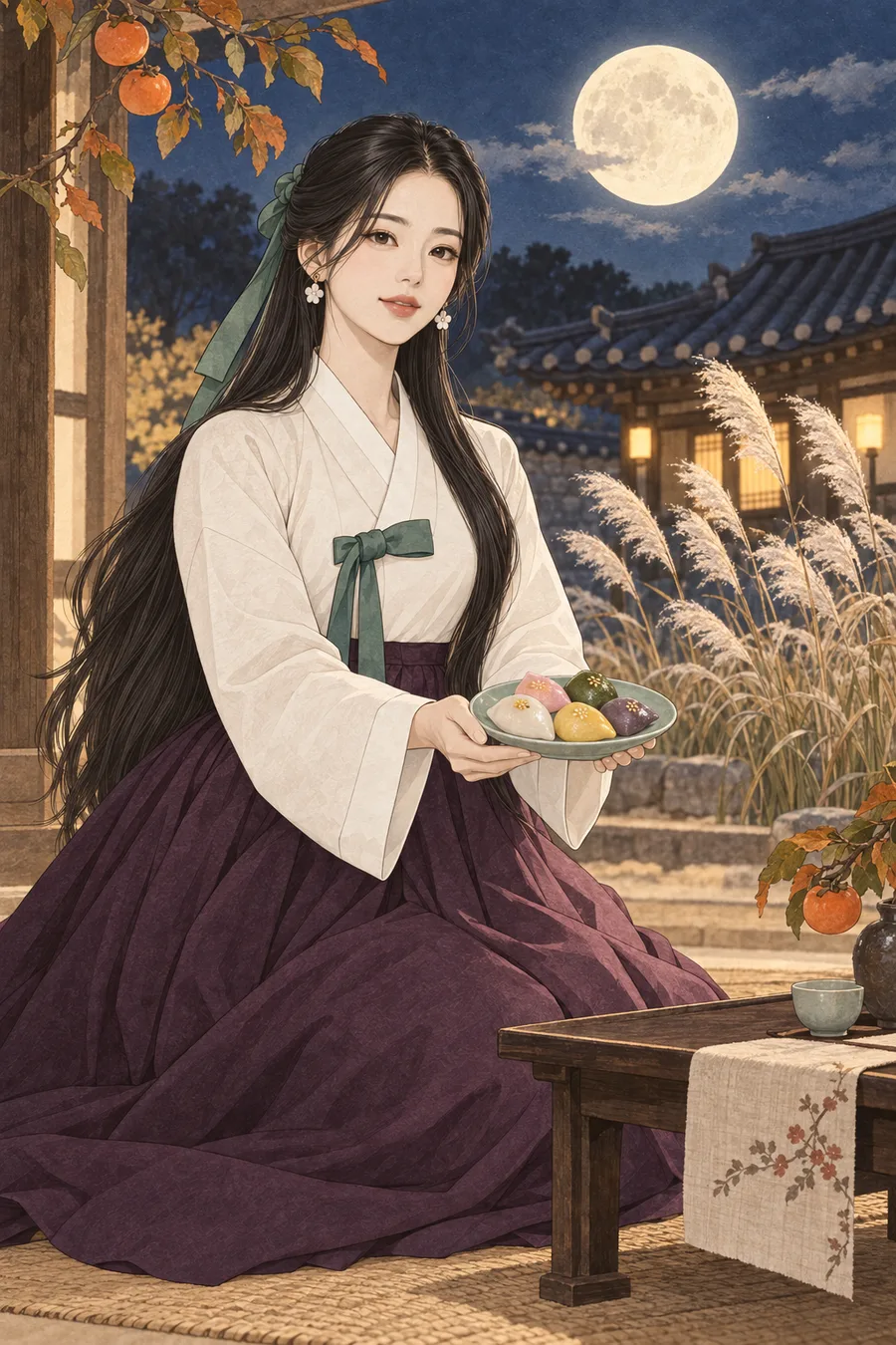 보름달과 억새가 보이는 한옥에서 송편 접시를 든 긴 검은 머리의 해원