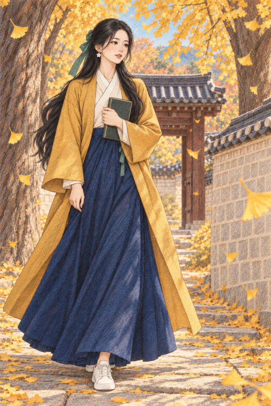 노란 은행잎이 가득 물든 가을 궁궐 돌담길에서 책을 품에 든 긴 검은 머리의 해원을 원본 구도로 유지해 따뜻한 종이 질감과 겹친 색연필 선으로 다시 그린 일러스트