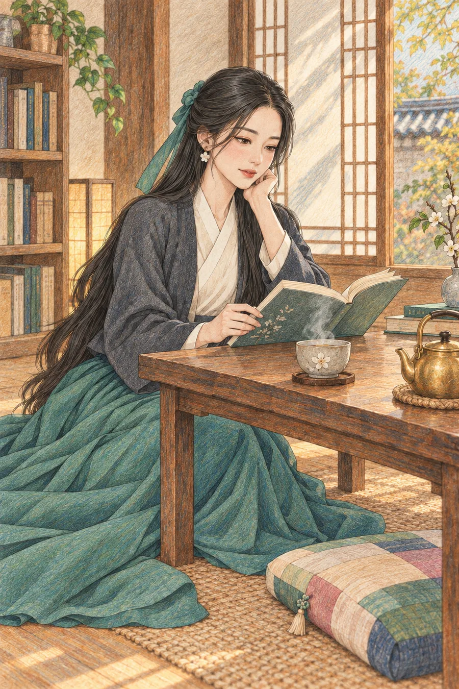 늦가을의 고요한 한옥 북카페 창가에 앉아 따뜻한 차와 책을 즐기는 긴 검은 머리의 해원을 원본 구도로 유지해 따뜻한 종이 질감과 겹친 색연필 선으로 다시 그린 일러스트