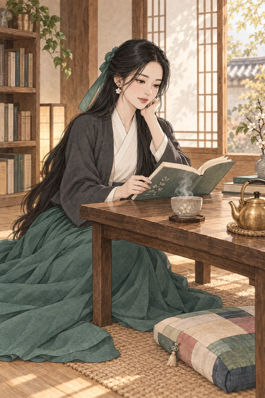 늦가을의 고요한 한옥 북카페 창가에 앉아 따뜻한 차와 책을 즐기는 긴 검은 머리의 해원