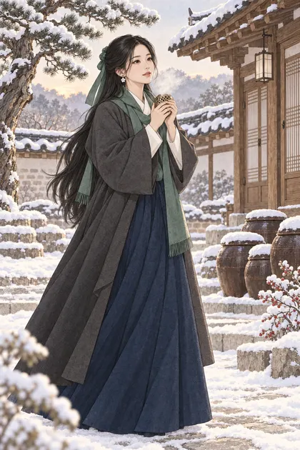 Haewon, a Korean woman with very long black hair, holding a hand warmer in a snowy hanok courtyard
