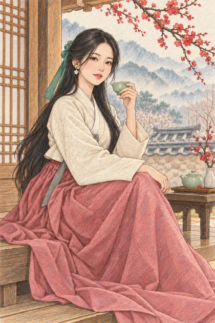 매화가 핀 한옥 툇마루에서 청자 찻잔을 든 긴 검은 머리의 해원을 원본 구도로 유지해 따뜻한 종이 질감과 겹친 색연필 선으로 다시 그린 일러스트