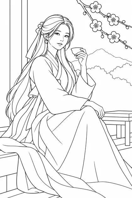 Easy black-and-white coloring page of haewon with very long black hair holding a celadon tea cup beside plum blossoms on a hanok veranda for pencils and felt-tip markers