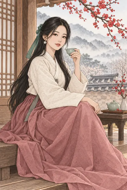 Haewon with very long black hair holding a celadon tea cup beside plum blossoms on a hanok veranda