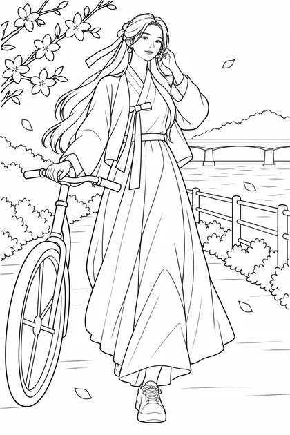 Easy black-and-white coloring page of haewon with very long black hair beside a bicycle on a spring Han River path with forsythia for pencils and felt-tip markers
