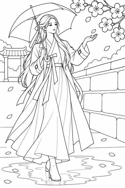 Easy black-and-white coloring page of haewon with very long black hair carrying a clear umbrella by a palace stone wall in cherry-blossom rain for pencils and felt-tip markers