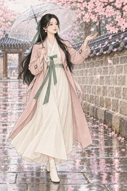 Haewon with very long black hair carrying a clear umbrella by a palace stone wall in cherry-blossom rain
