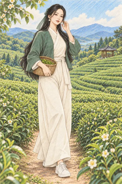 초록 차밭과 정자를 배경으로 찻잎 바구니를 든 긴 검은 머리의 해원을 원본 구도로 유지해 따뜻한 종이 질감과 겹친 색연필 선으로 다시 그린 일러스트