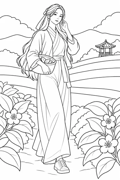 Easy black-and-white coloring page of haewon with very long black hair carrying a tea-leaf basket in green Korean tea fields for pencils and felt-tip markers