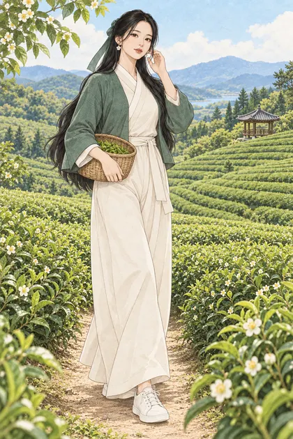 Haewon with very long black hair carrying a tea-leaf basket in green Korean tea fields
