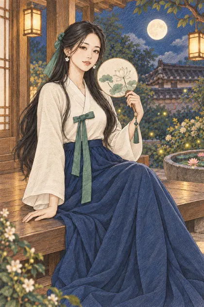달과 한지등이 빛나는 여름 한옥 마루에서 둥근 부채를 든 긴 검은 머리의 해원을 원본 구도로 유지해 따뜻한 종이 질감과 겹친 색연필 선으로 다시 그린 일러스트