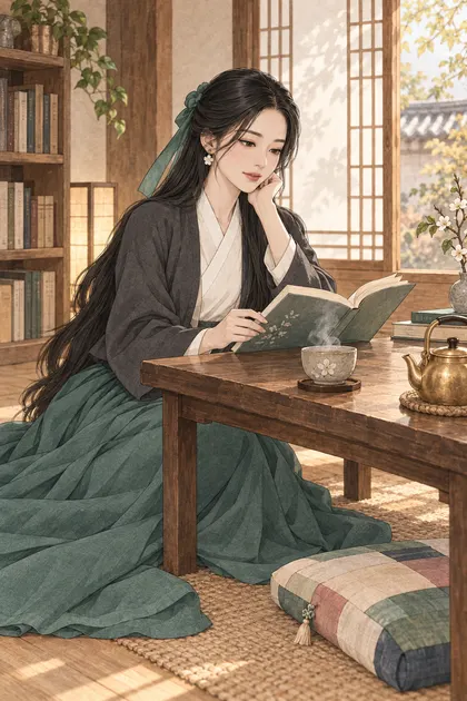 늦가을의 고요한 한옥 북카페 창가에 앉아 따뜻한 차와 책을 즐기는 긴 검은 머리의 해원