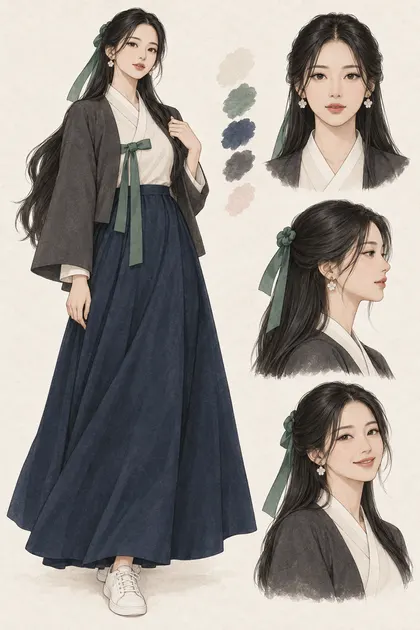 Original Korean character Haewon design sheet with very long black hair, jade knot ribbon, and modern hanbok-inspired clothing