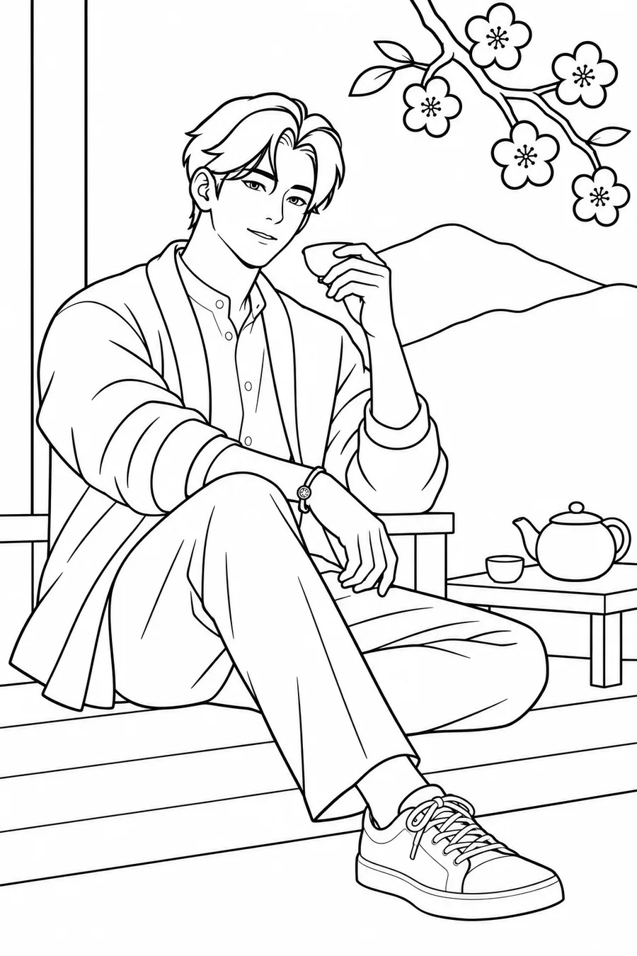 매화가 핀 한옥 툇마루에서 청자 찻잔을 든 짧은 웨이브 검은 머리의 진우을 쉽게 칠할 수 있도록 단순화한 흑백 컬러링 도안