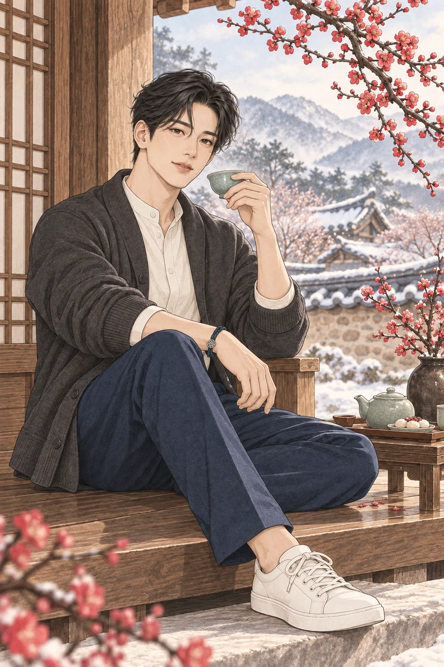 매화가 핀 한옥 툇마루에서 청자 찻잔을 든 짧은 웨이브 검은 머리의 진우
