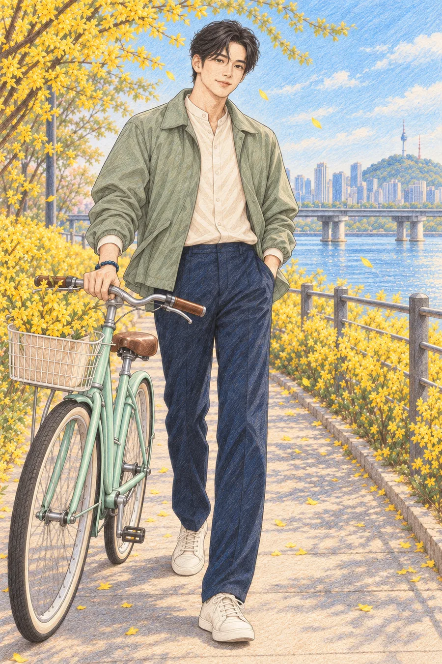 Colored-pencil rendering of jinwoo with short wavy black hair beside a bicycle on a spring Han River path with forsythia, preserving the original composition