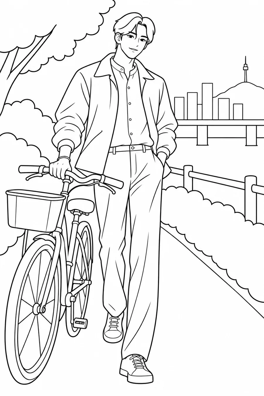 Easy black-and-white coloring page of jinwoo with short wavy black hair beside a bicycle on a spring Han River path with forsythia for pencils and felt-tip markers