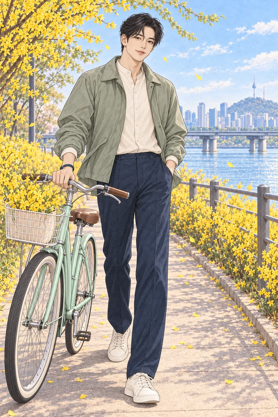 Jinwoo with short wavy black hair beside a bicycle on a spring Han River path with forsythia