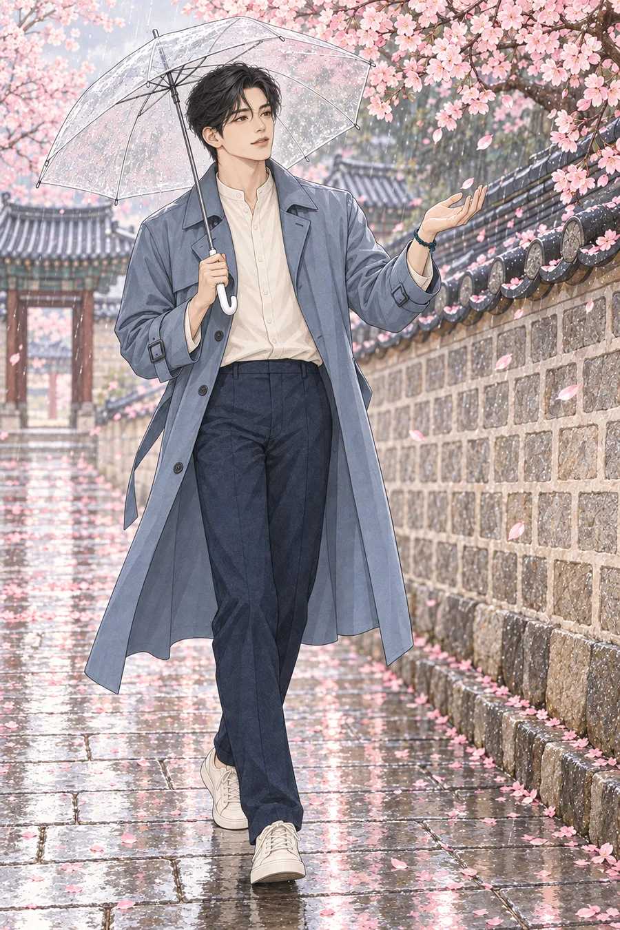 벚꽃 봄비가 내리는 궁궐 돌담길에서 투명 우산을 든 짧은 웨이브 검은 머리의 진우