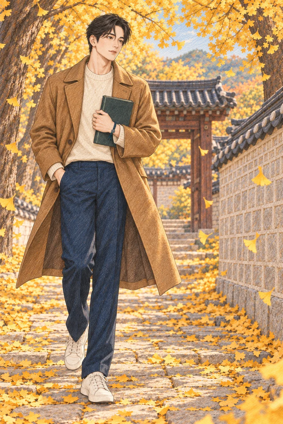 노란 은행잎이 가득 물든 가을 궁궐 돌담길에서 책을 품에 든 짧은 웨이브 검은 머리의 진우을 원본 구도로 유지해 따뜻한 종이 질감과 겹친 색연필 선으로 다시 그린 일러스트
