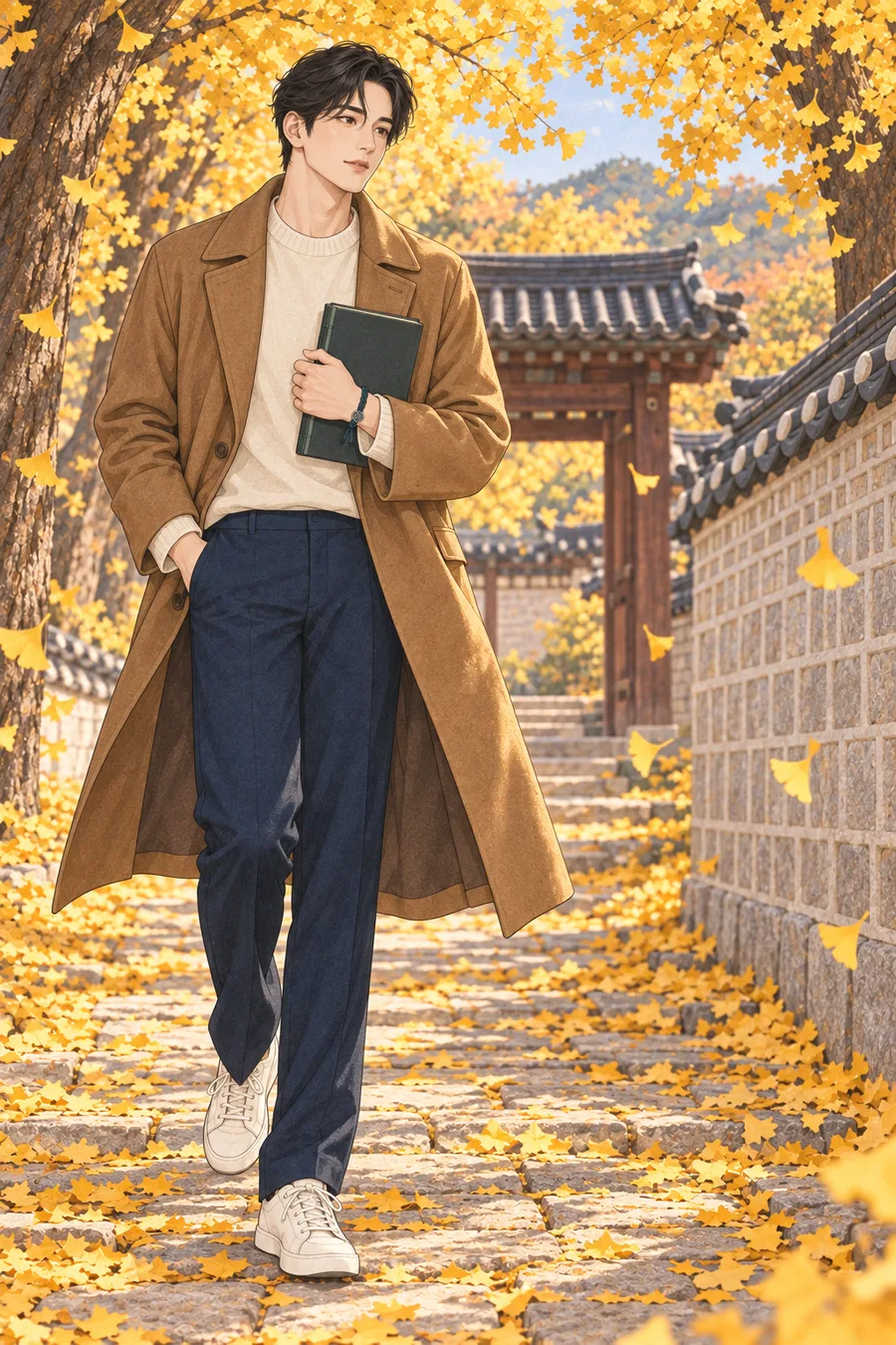 노란 은행잎이 가득 물든 가을 궁궐 돌담길에서 책을 품에 든 짧은 웨이브 검은 머리의 진우