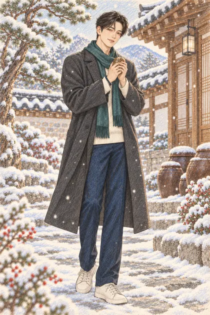 눈 내리는 한옥 마당에서 손난로를 든 짧은 웨이브 검은 머리의 한국인 남성 진우을 원본 구도로 유지해 따뜻한 종이 질감과 겹친 색연필 선으로 다시 그린 일러스트