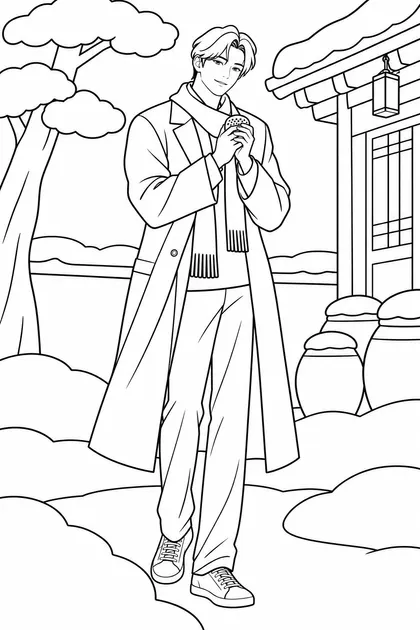 Easy black-and-white coloring page of jinwoo, a Korean man with short wavy black hair, holding a hand warmer in a snowy hanok courtyard for pencils and felt-tip markers