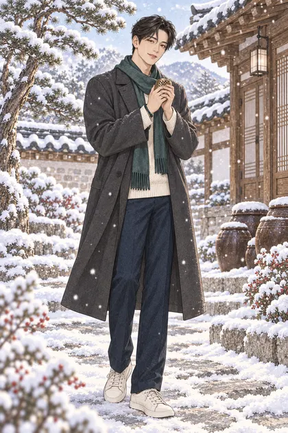Jinwoo, a Korean man with short wavy black hair, holding a hand warmer in a snowy hanok courtyard
