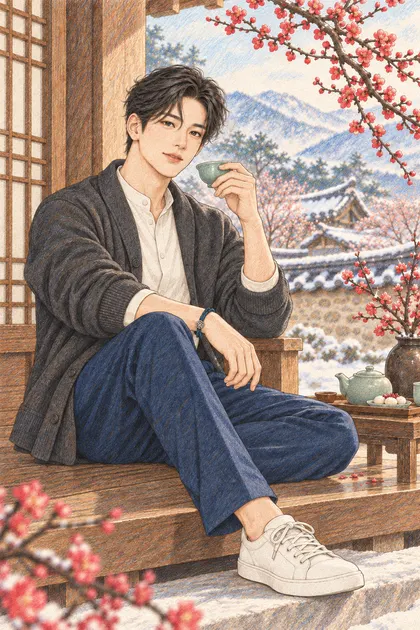 매화가 핀 한옥 툇마루에서 청자 찻잔을 든 짧은 웨이브 검은 머리의 진우을 원본 구도로 유지해 따뜻한 종이 질감과 겹친 색연필 선으로 다시 그린 일러스트