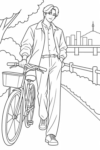 Easy black-and-white coloring page of jinwoo with short wavy black hair beside a bicycle on a spring Han River path with forsythia for pencils and felt-tip markers