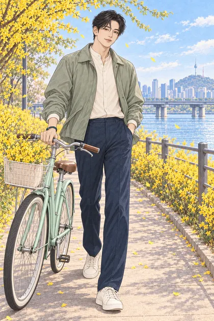 Jinwoo with short wavy black hair beside a bicycle on a spring Han River path with forsythia