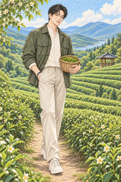 초록 차밭과 정자를 배경으로 찻잎 바구니를 든 짧은 웨이브 검은 머리의 진우을 원본 구도로 유지해 따뜻한 종이 질감과 겹친 색연필 선으로 다시 그린 일러스트