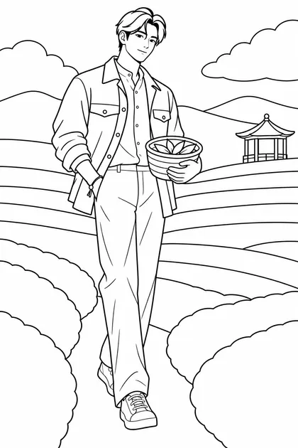 Easy black-and-white coloring page of jinwoo with short wavy black hair carrying a tea-leaf basket in green Korean tea fields for pencils and felt-tip markers