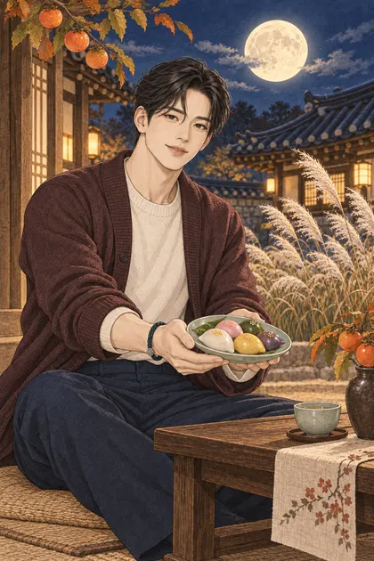 보름달과 억새가 보이는 한옥에서 송편 접시를 든 짧은 웨이브 검은 머리의 진우