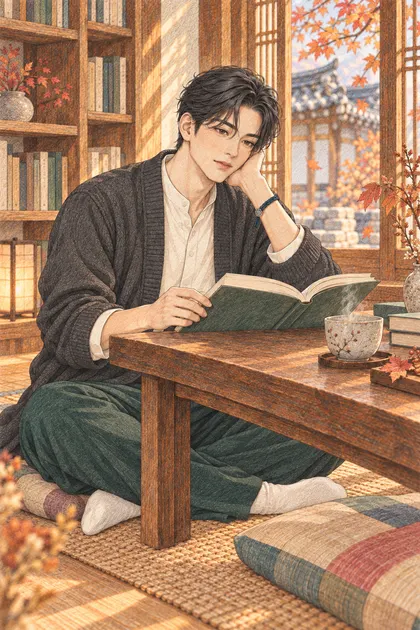 늦가을의 고요한 한옥 북카페 창가에 앉아 따뜻한 차와 책을 즐기는 짧은 웨이브 검은 머리의 진우을 원본 구도로 유지해 따뜻한 종이 질감과 겹친 색연필 선으로 다시 그린 일러스트