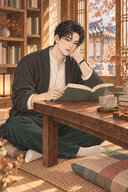 늦가을의 고요한 한옥 북카페 창가에 앉아 따뜻한 차와 책을 즐기는 짧은 웨이브 검은 머리의 진우