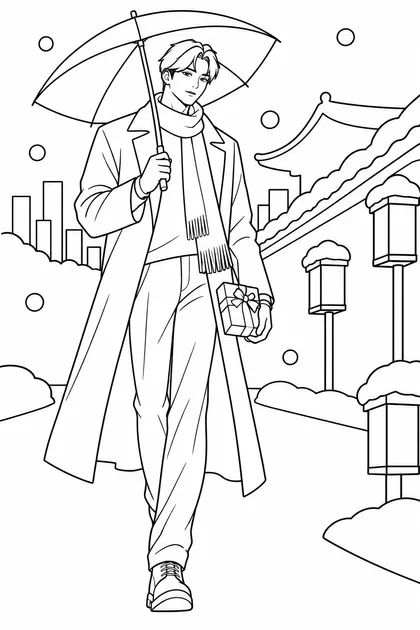 Easy black-and-white coloring page of jinwoo with short wavy black hair carrying an umbrella and gift in snowy Seoul by a Korean palace for pencils and felt-tip markers