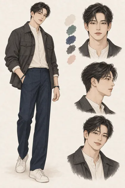 Original Korean character Jinwoo design sheet with short wavy black hair, a teal knot bracelet, and contemporary clothing
