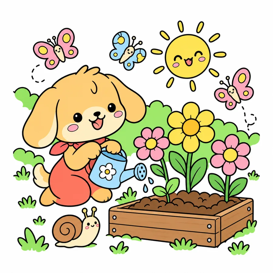 귀여운 강아지 정원 가꾸기 컬러 참고본