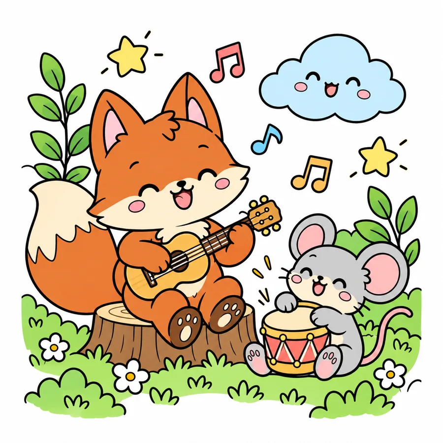 きつねとねずみのぬりえのカラーのお手本