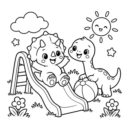 Baby Dinosaur Playground Coloring Page, black and white printable line art
