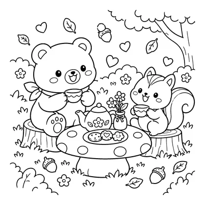 Dibujo en blanco y negro de animales del bosque para colorear, Té en el bosque
