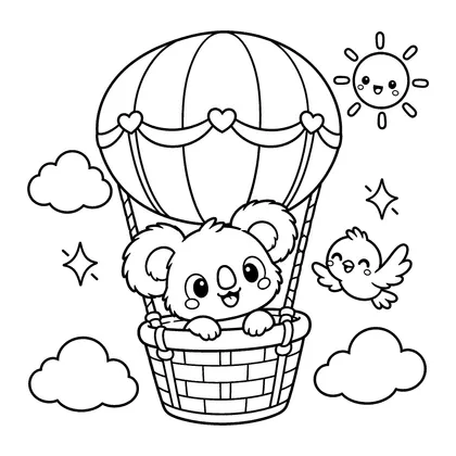 Koala Hot Air Balloon Trip Coloring Page, black and white printable line art