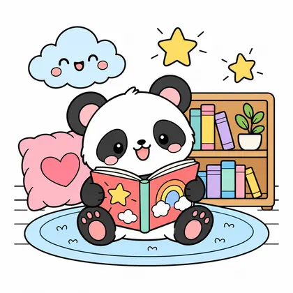 図書館のパンダのぬりえのカラーのお手本、図書館で本を読むパンダ