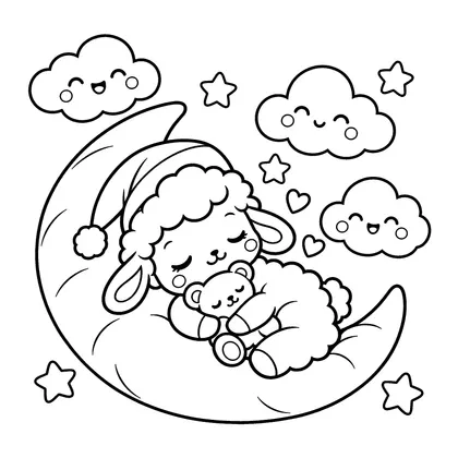 Sleepy Sheep Moon Dream Coloring Page, black and white printable line art