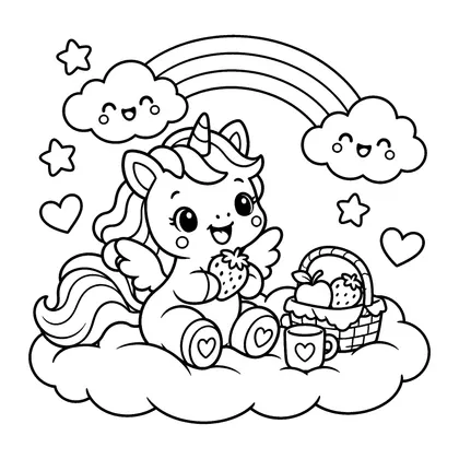 Unicorn Cloud Picnic Coloring Page, black and white printable line art