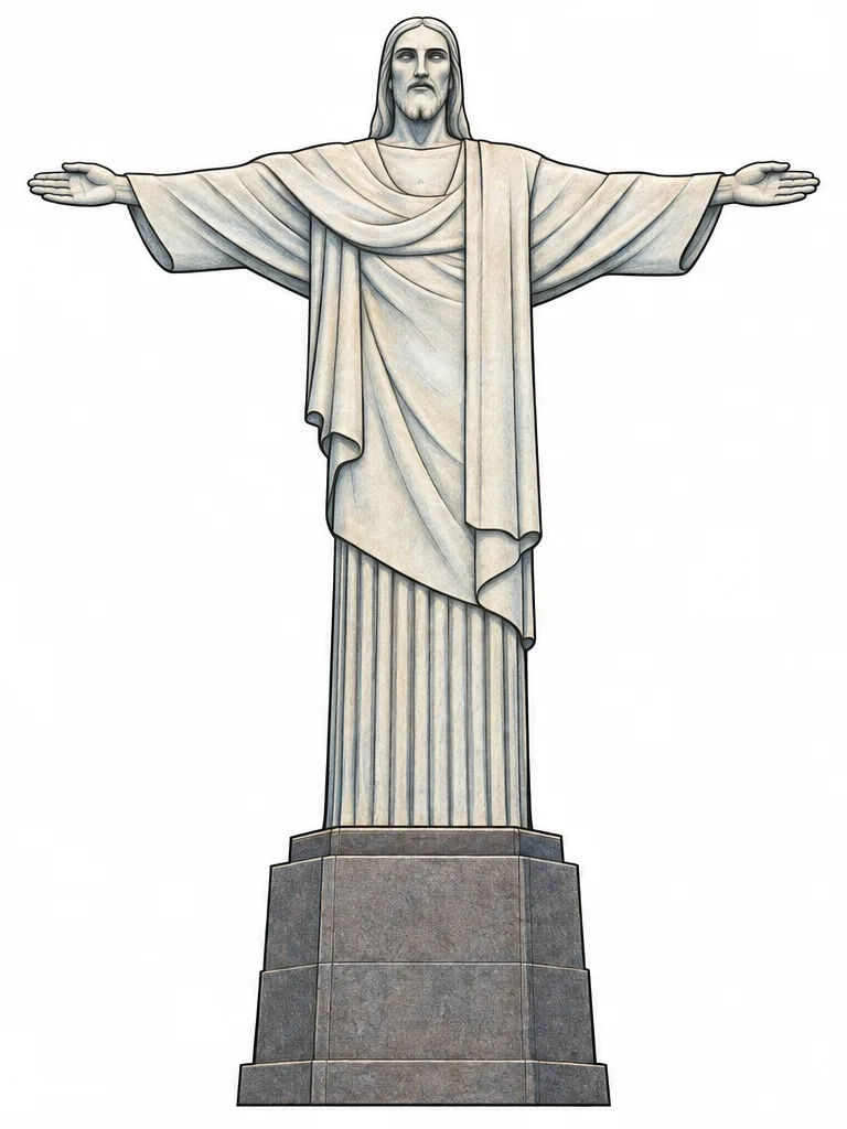 흰 배경에 그린 브라질 구세주 그리스도상 컬러 참고본