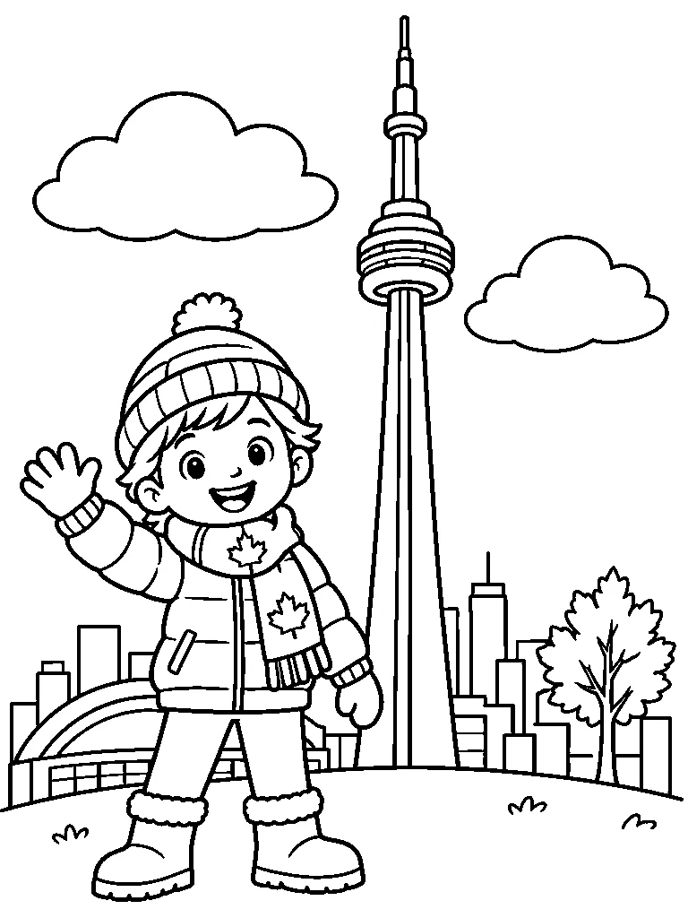 Easy CN Tower coloring page for kids age 7 with a Canadian child in a red winter jacket and maple-leaf scarf, a simple background, line art, and colored reference