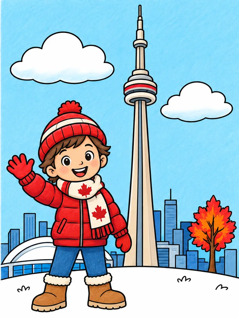 Easy CN Tower coloring page for kids age 7 with a Canadian child in a red winter jacket and maple-leaf scarf, a simple background, line art, and colored reference