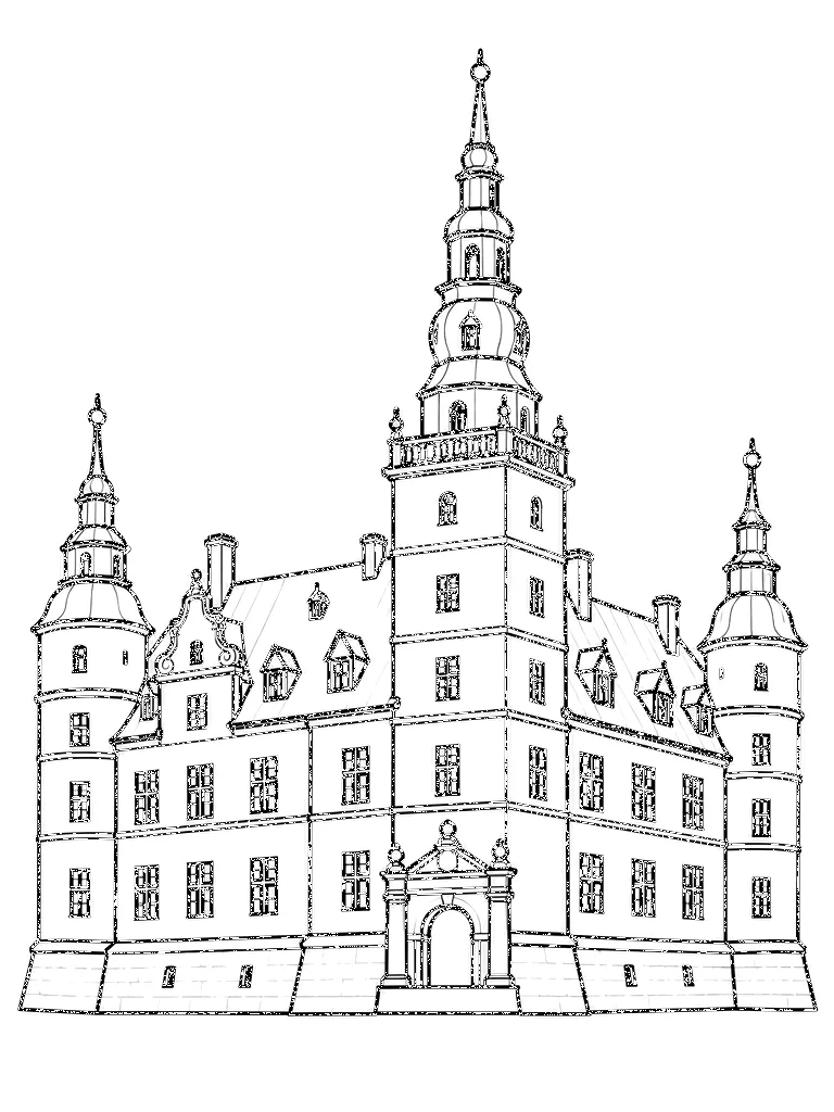 Black-and-white coloring line art of Kronborg Castle, Denmark on a white background